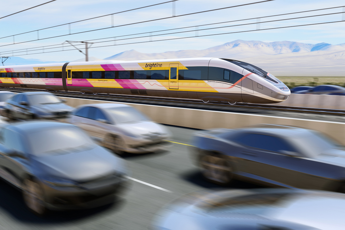 A rendering of a Brightline West train speeding by traffic. (Brightline West)