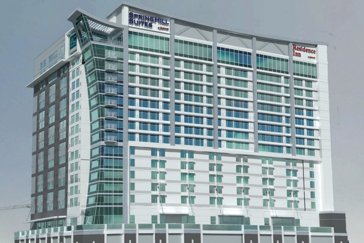 In 2017, North Point Hospitality debuted a tri-branded Marriott building in downtown Nashville, with three hotel brands in one: AC, SpringHill Suites, and Residence Inn by Marriott. Source: Acumen Development Partners.