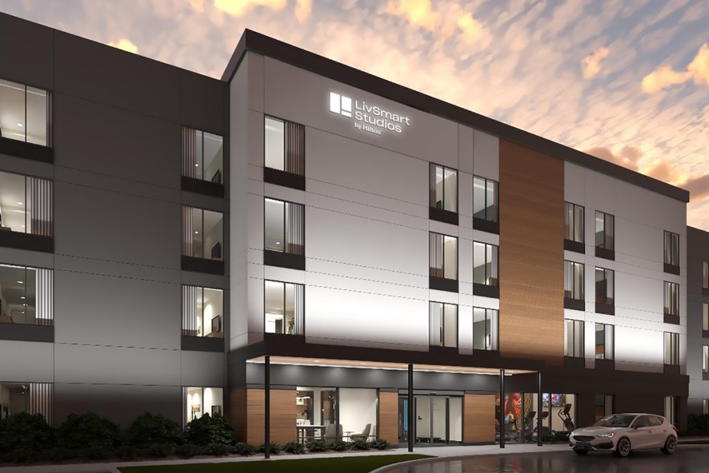 Exterior rendering of LivSmart Studios by Hilton