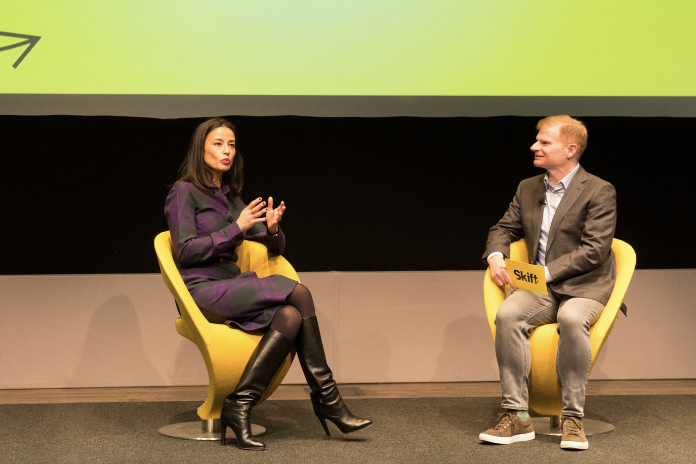 Wyndham CMO Lisa Checchio speaking with Skift’s Sean O’Neil at Skift Megatrends in New York City in January 2024. 