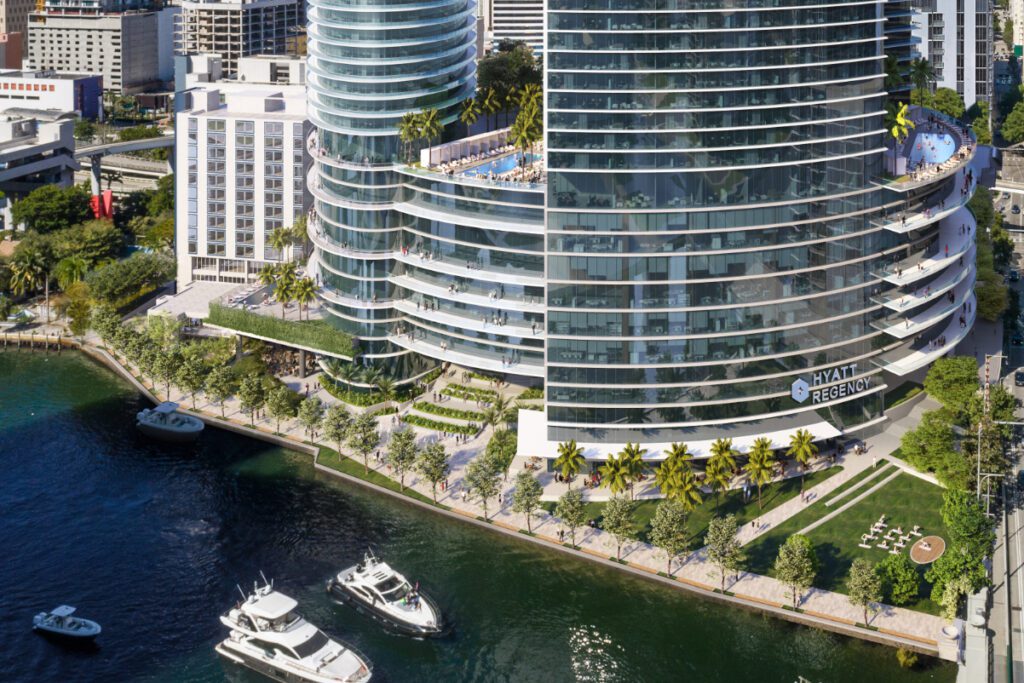 River Aerial Day View of upcoming Miami Riverbridge project with a Hyatt Regency hotel source gencom