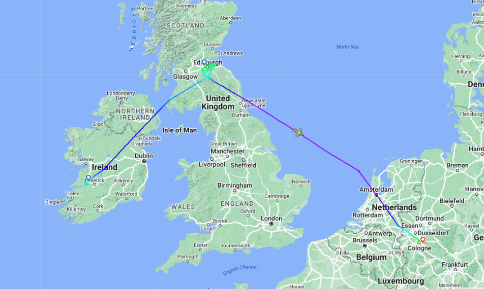 A map showing a diverted flight during Storm Isha