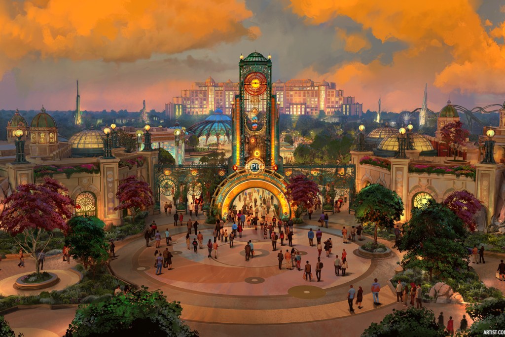 a rendering of an aerial view of the front entrance to the planned celestial park of the upcoming epic universe theme park at universal orlando resort