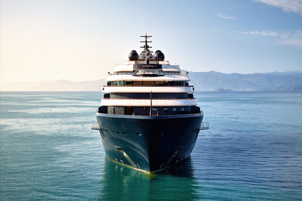 aerial shot of evrima luxury yacht cruise ship source ritz-carlton yacht collection