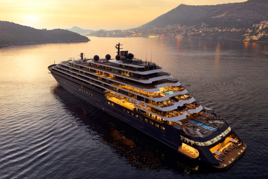 exterior shot of the evrima a luxury cruise ship from the ritz carlton yacht collection