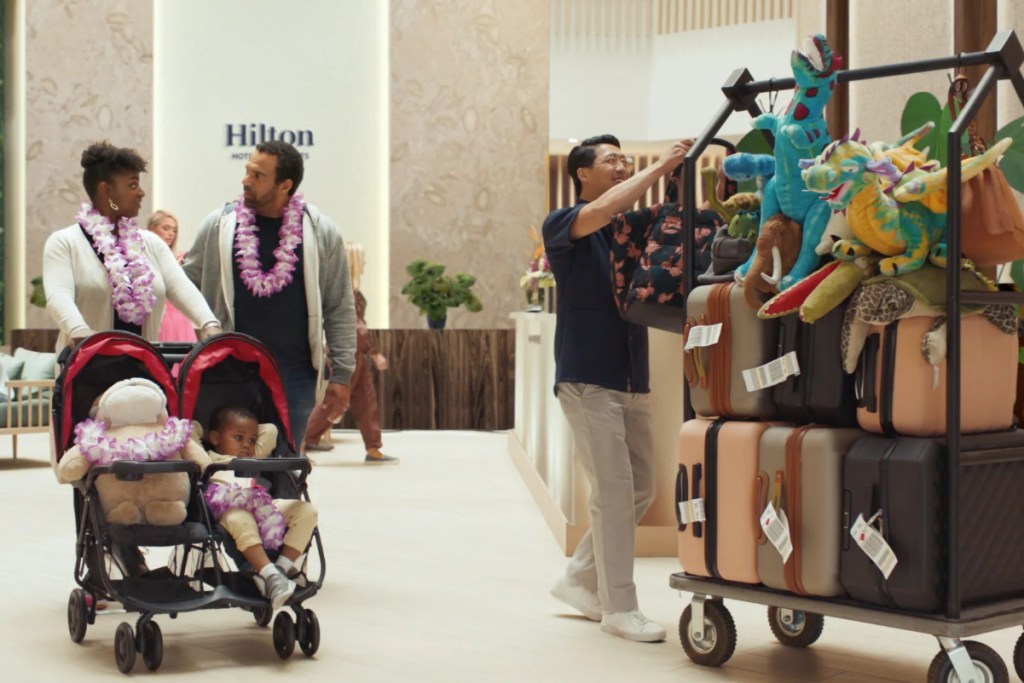 a still image of a hotel lobby from the hilton for the stay TV ad on national tv