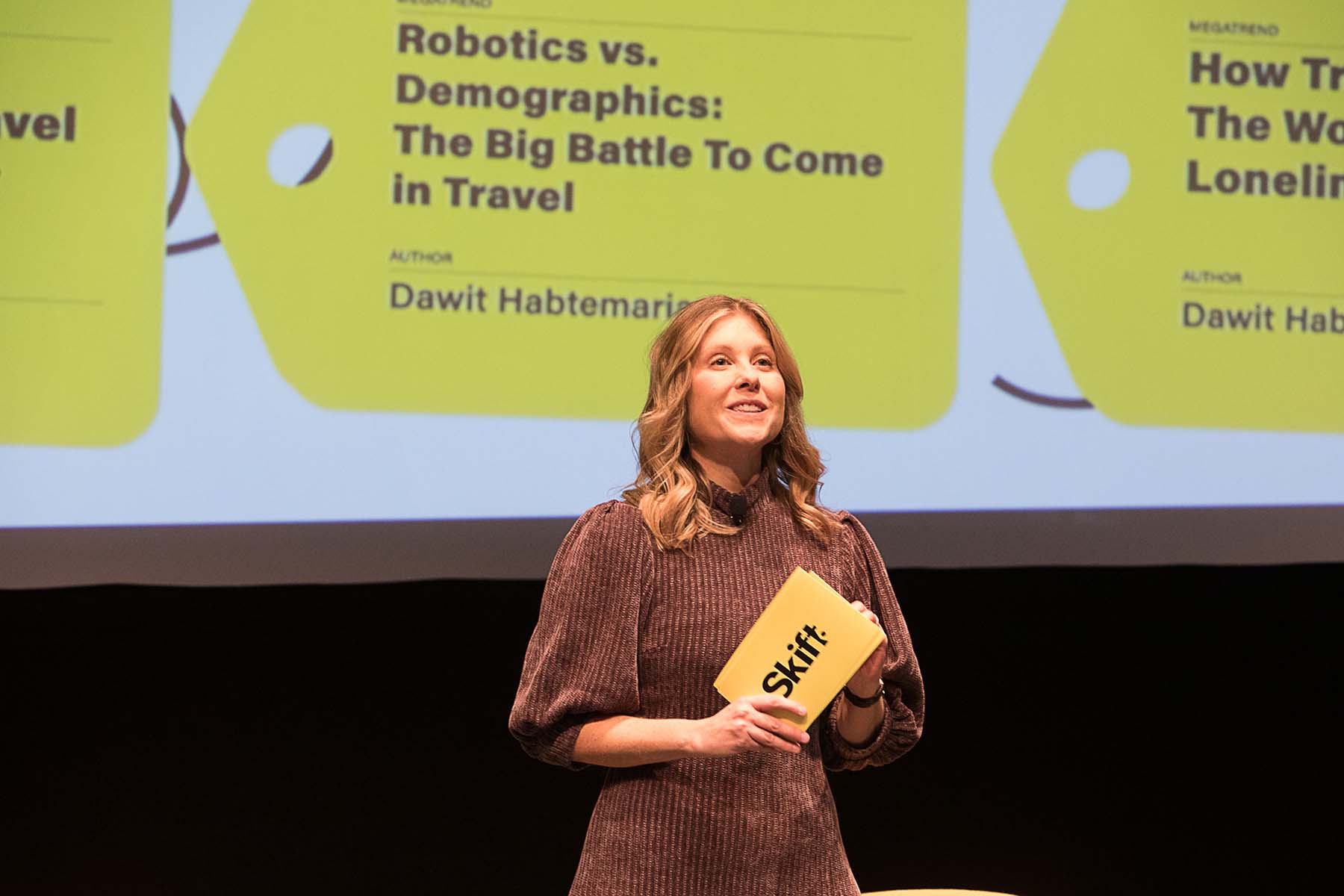 Skift Editor-in-Chief Sarah Kopit speaking at the Megatrends event in New York City on January 9, 2024. 