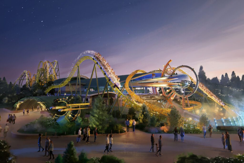 rendering of the planned Starfall Racers comet themed roller coaster at Celestial Park. Source Universal Studios