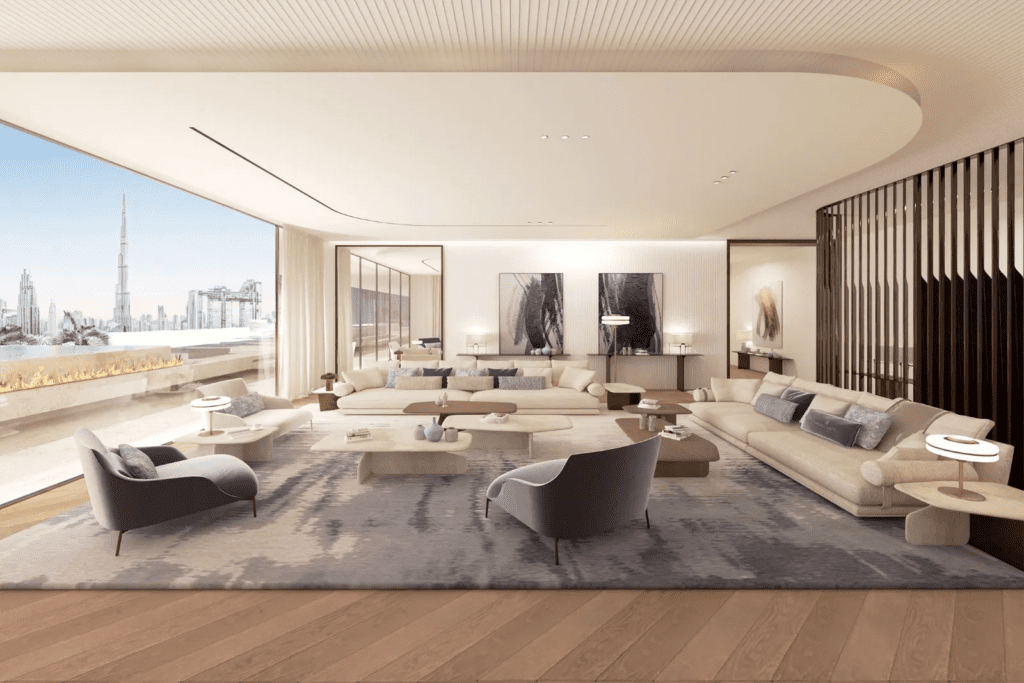 A render of the living room of a Ritz Carlton apartment in Dubai. Marriott