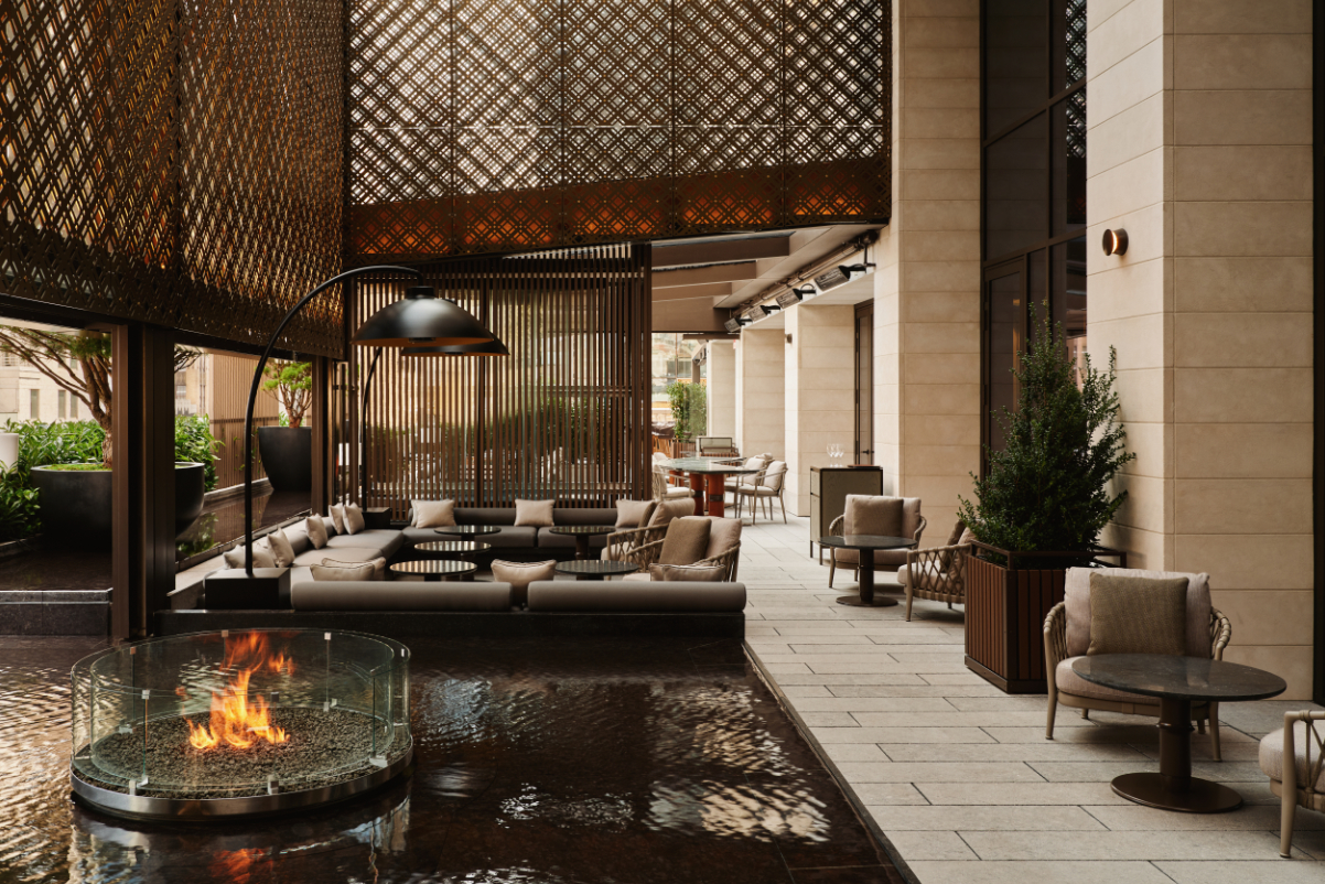 A view of the pool and fire pit at the garden terrace of the Aman New York, which opened in 2023. Source: Aman Group.