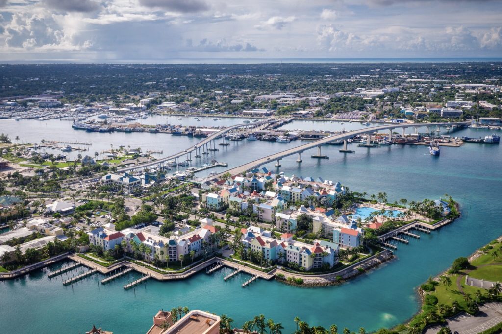 Aerial view of a bustling island city