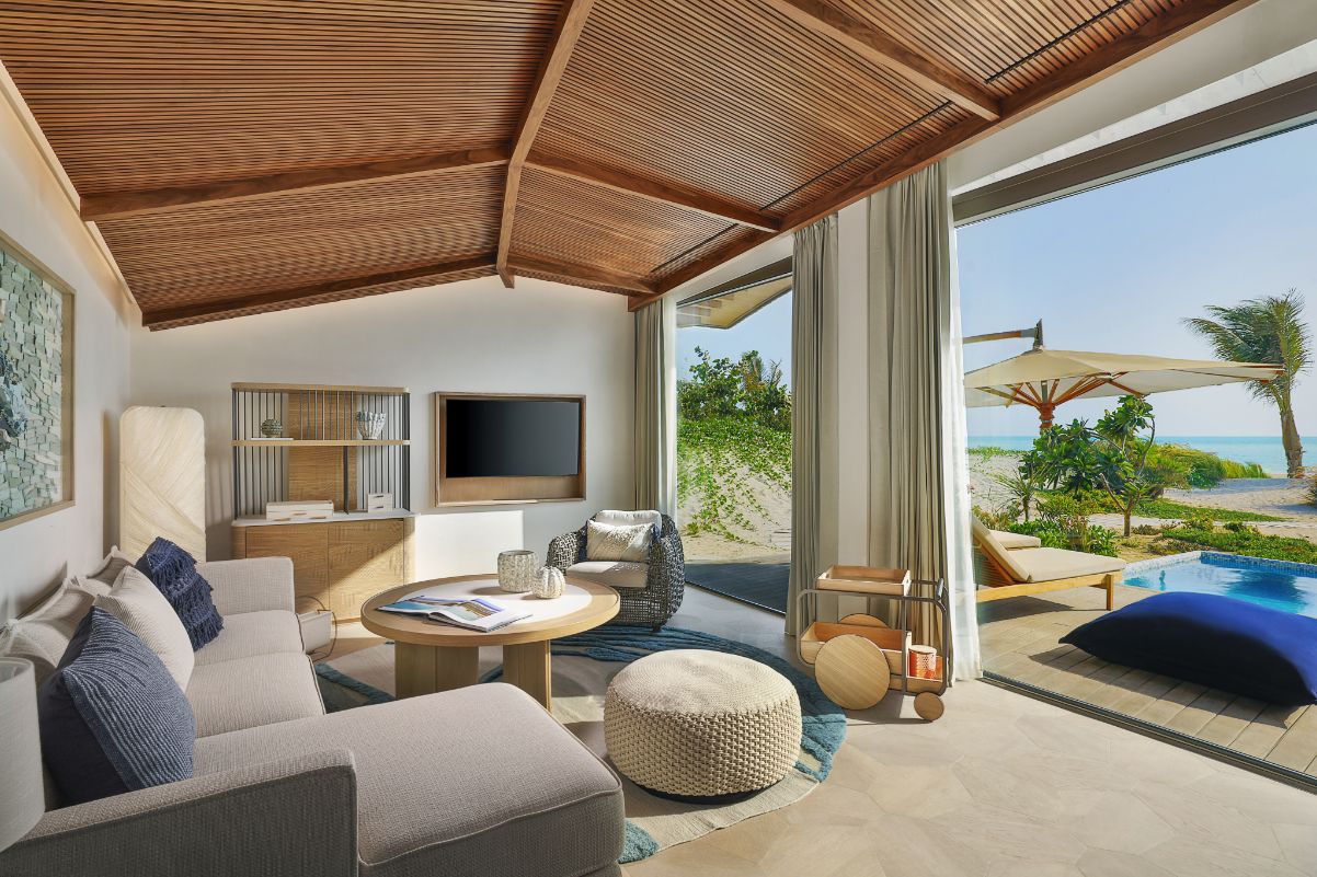 The living room of a one-bedroom "dune villa" at The St. Regis Red Sea Resort. Source: Marriott International.