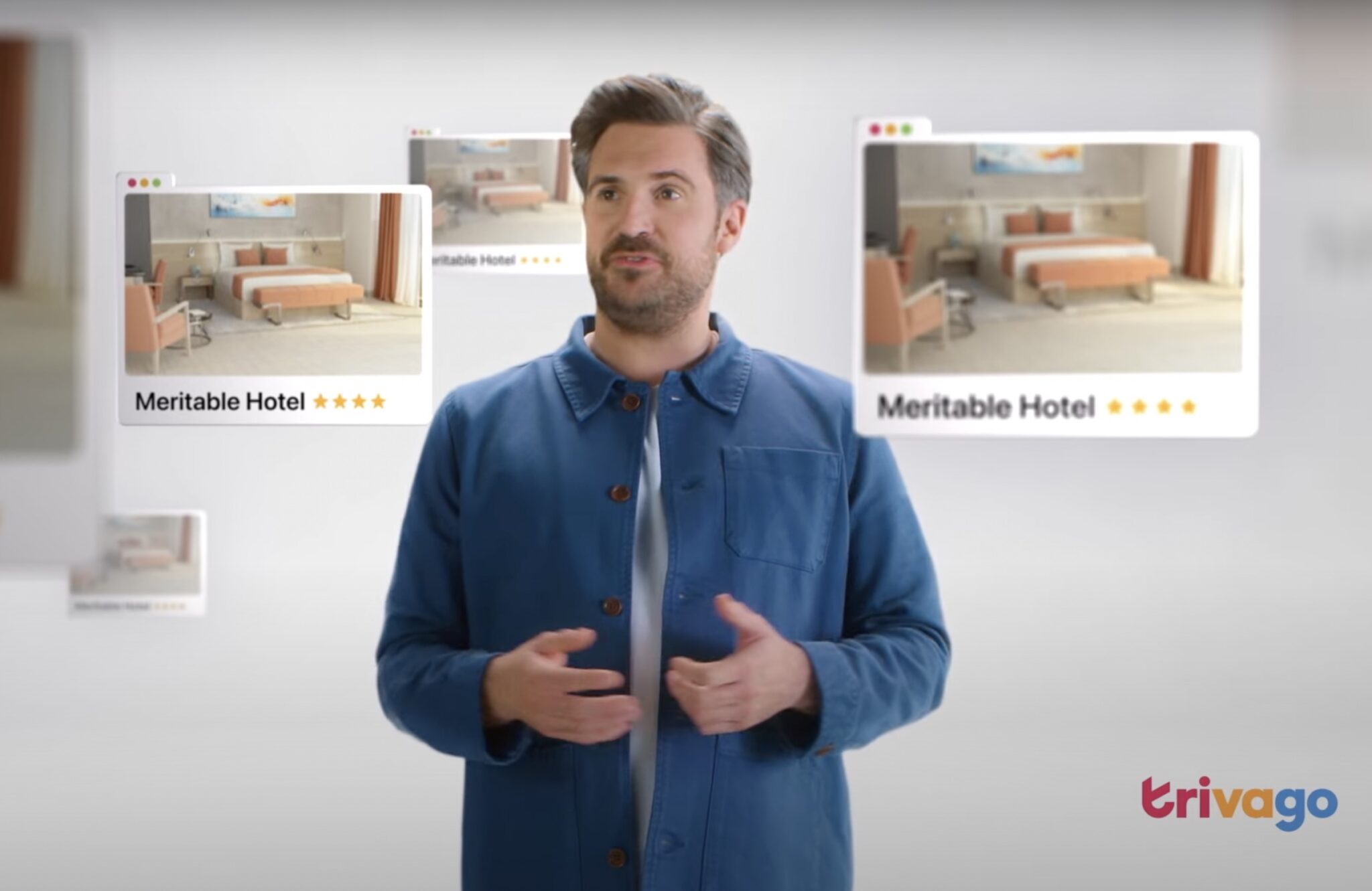 A screenshot from one of two new Trivago Guy commercials released in 2023. Source: Trivago/YouTube https://www.youtube.com/watch?v=Iz-FxXBwoTY