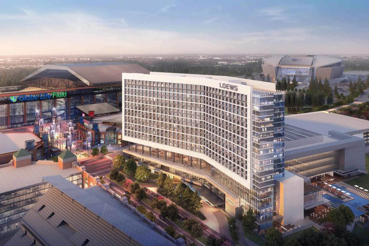 A rendering of the exterior of the Loews Arlington, Texas, hotel that will open February 2024. Source: JE Dunn Construction.