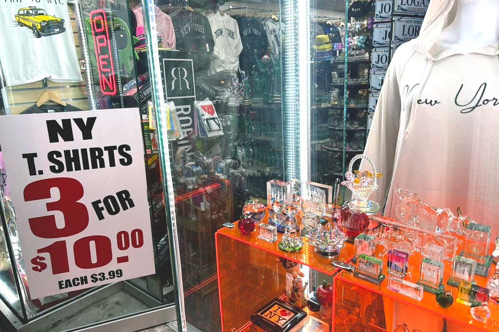 Tourist tchotchkes for sale in a Times Square shop in New York City. 