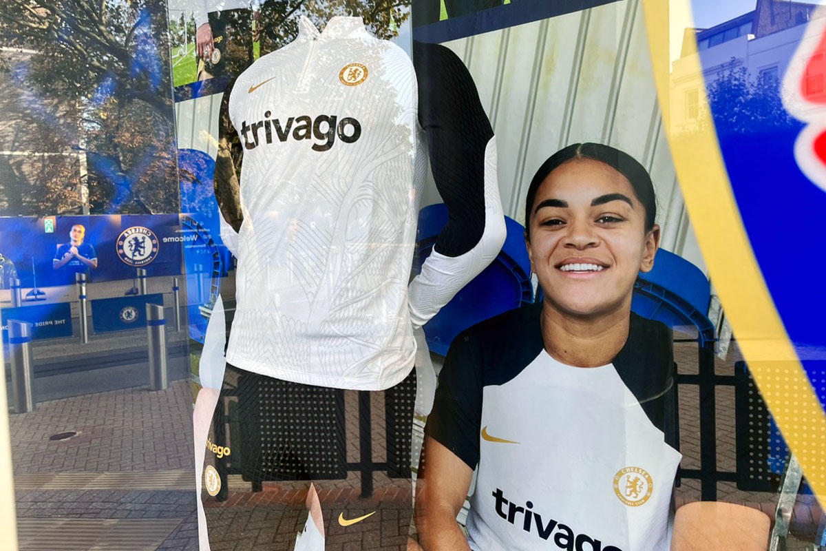 Football jersey display in a shop window