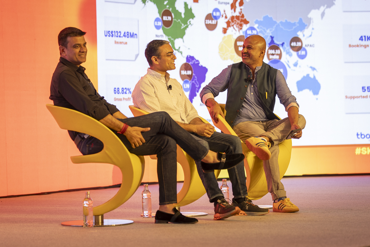 TBO co-founders Gaurav Bhatnagar and Ankush Nijhawan with Skift CEO Rafat Ali at Skift India Summit.