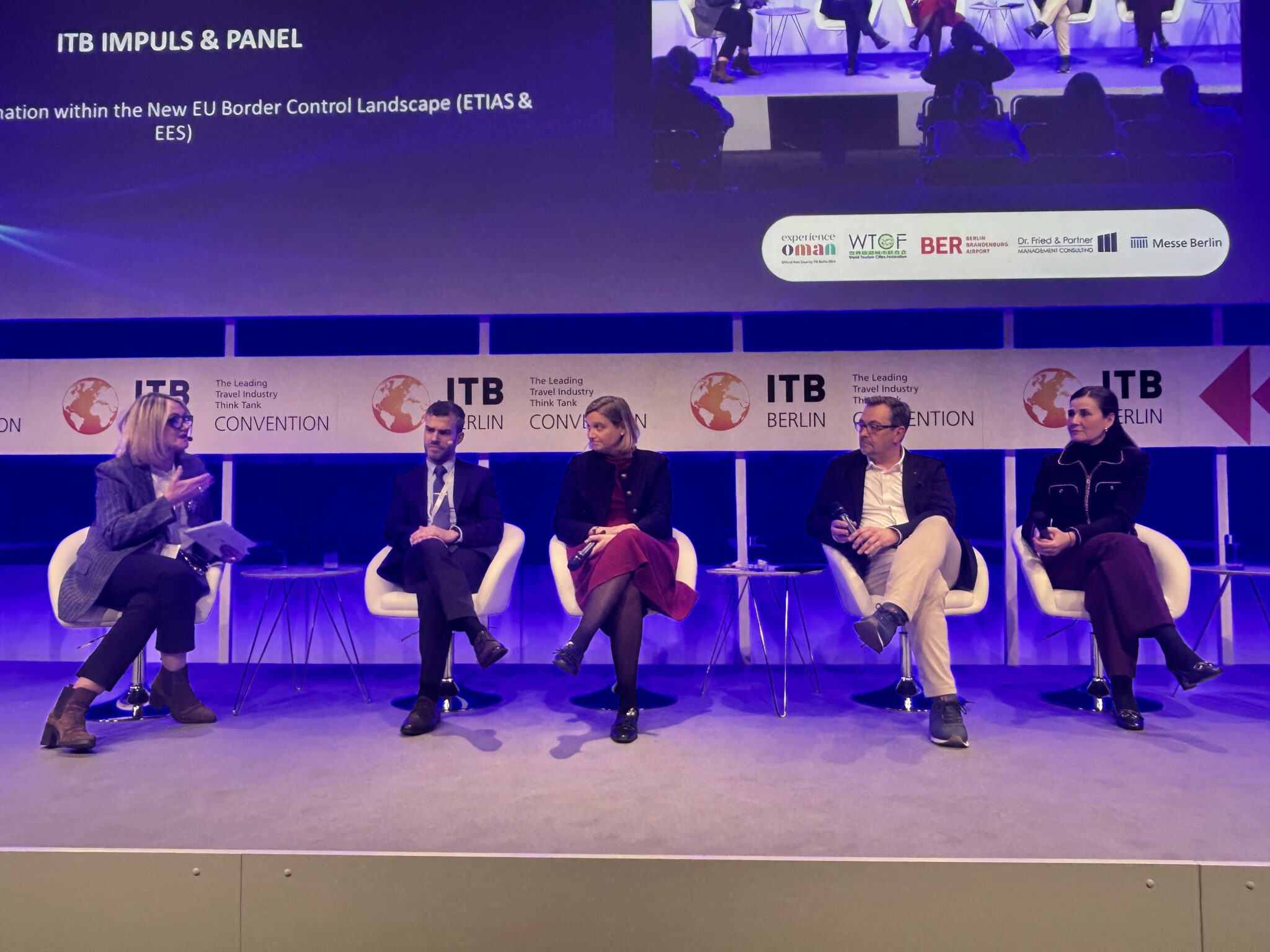  Marie-Caroline Laurent, head of the largest lobby for cruise lines, is in the center of this panel of executives speaking on March 5, 2024, at ITB Berlin. Photo by Dawit Habtemariam. Source: Skift. 
