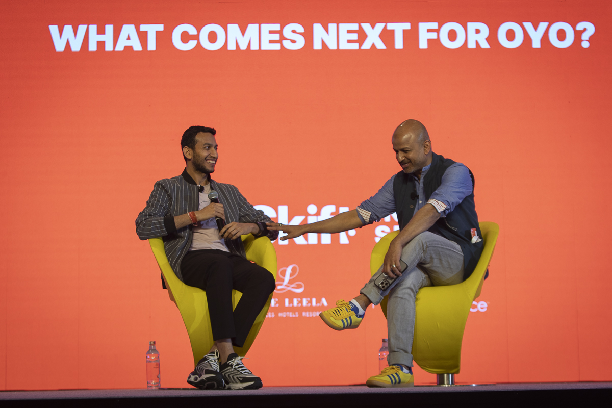 Pictured: Ritesh Agarwal, CEO of Oyo (left), and Skift CEO Rafat Ali