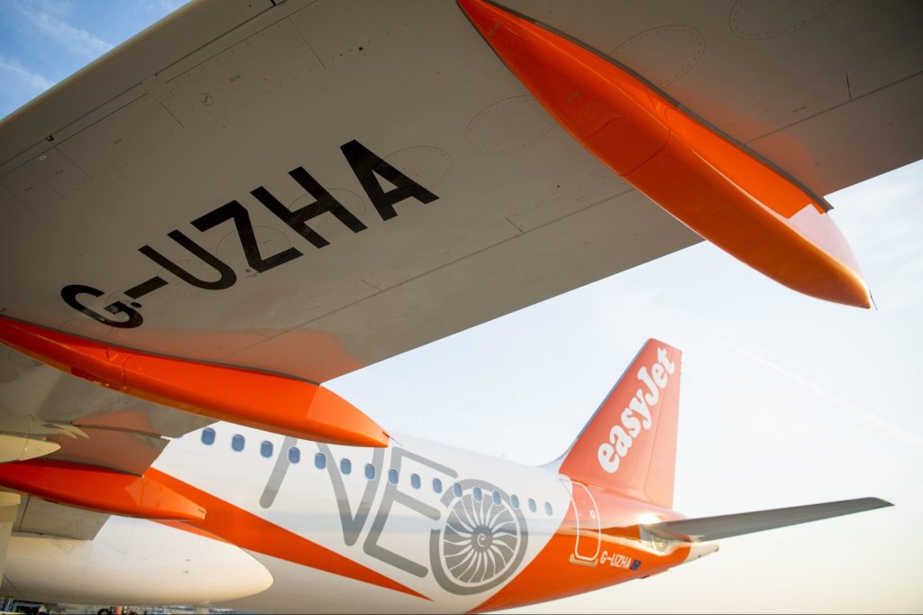 An easyJet A320neo aircraft on the ground.