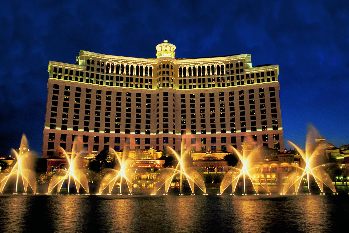 Exterior view of pinwheel lighted fountain display at the Bellagio resort in Las Vegas. Source: MGM Resorts.
