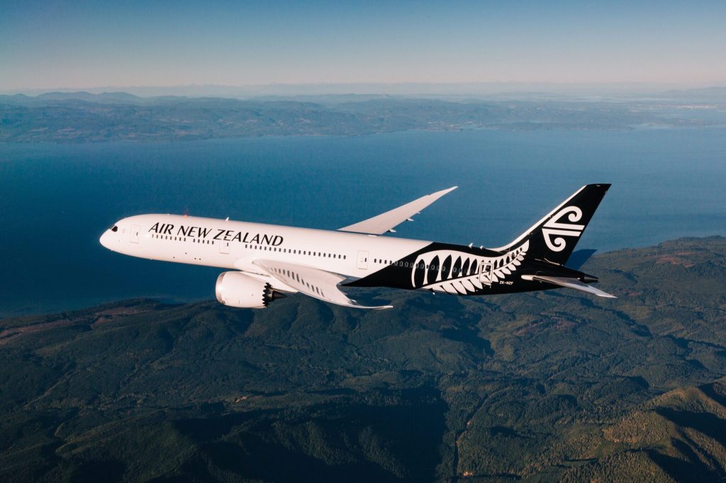 An Air New Zealand 787 plane in the sky