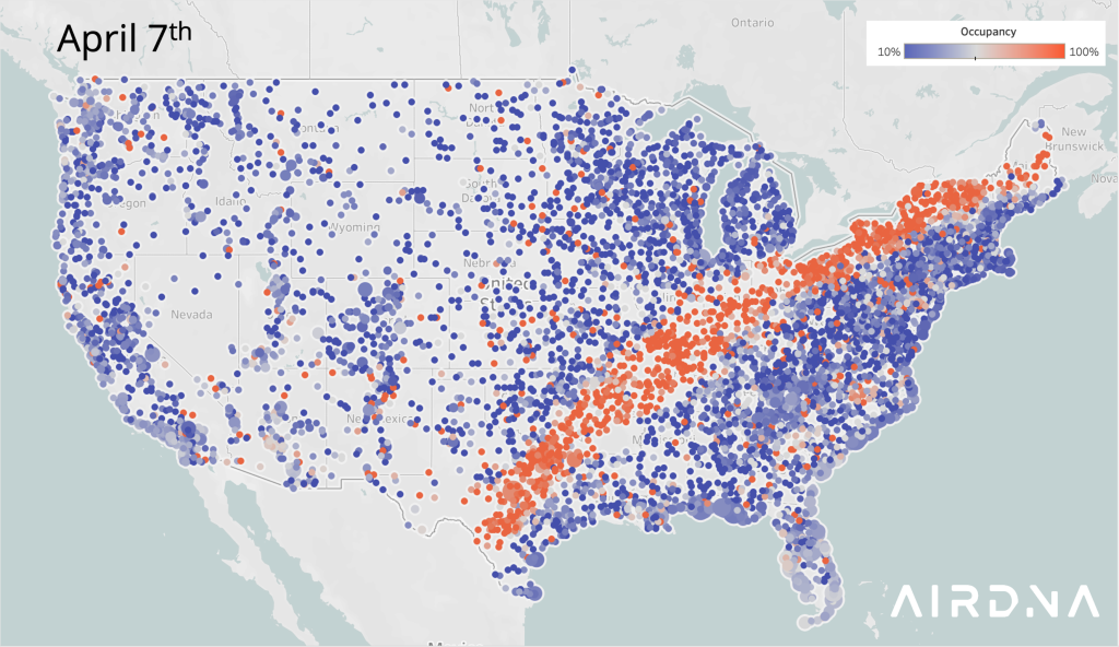 AirDNA map showing the occupancy of short-term rentals by city on April 7, as of data available in the week leading up to the eclipse