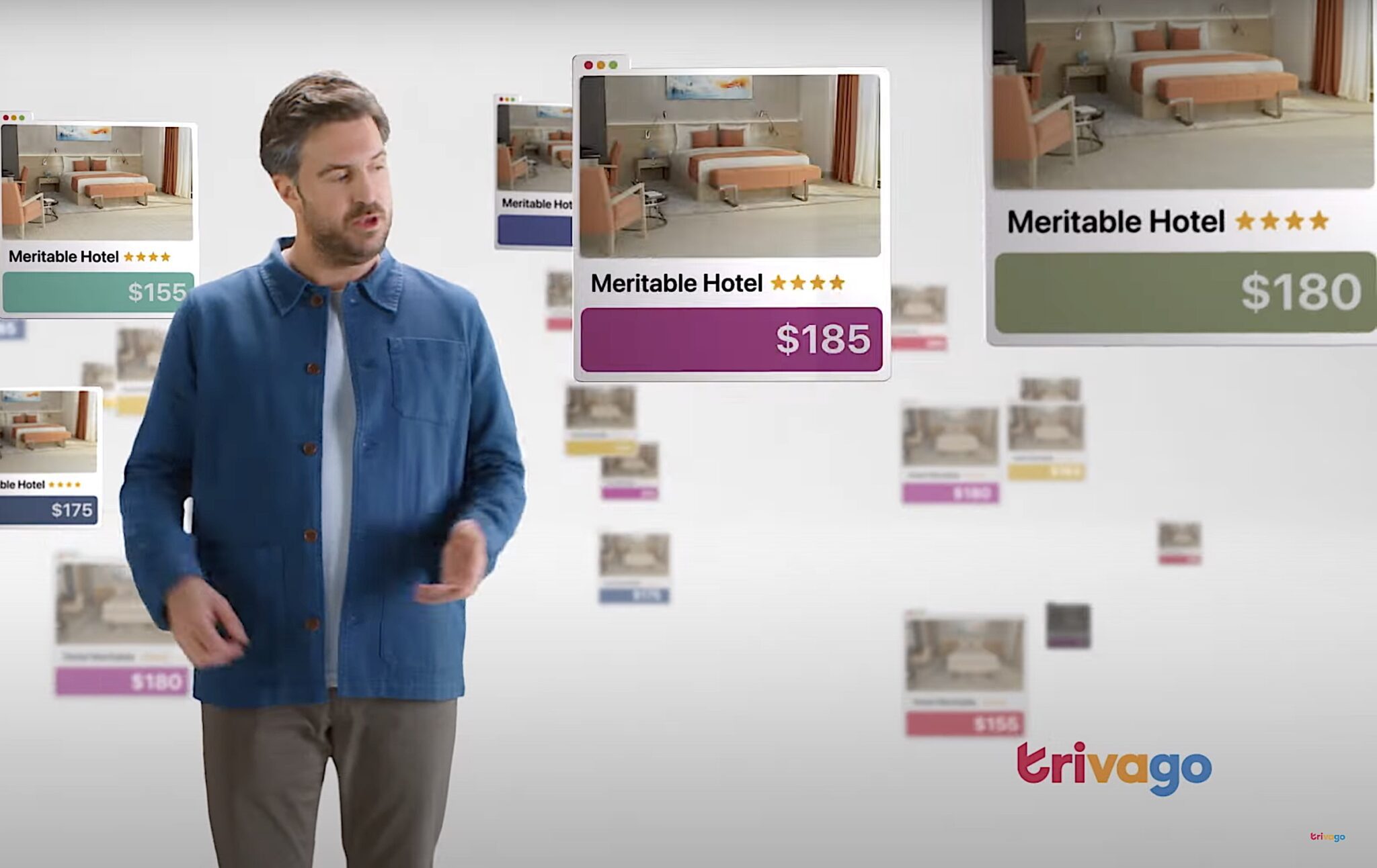 Mr Trivago ad 2023 showing hotel prices from different vendors. Source: Trivago