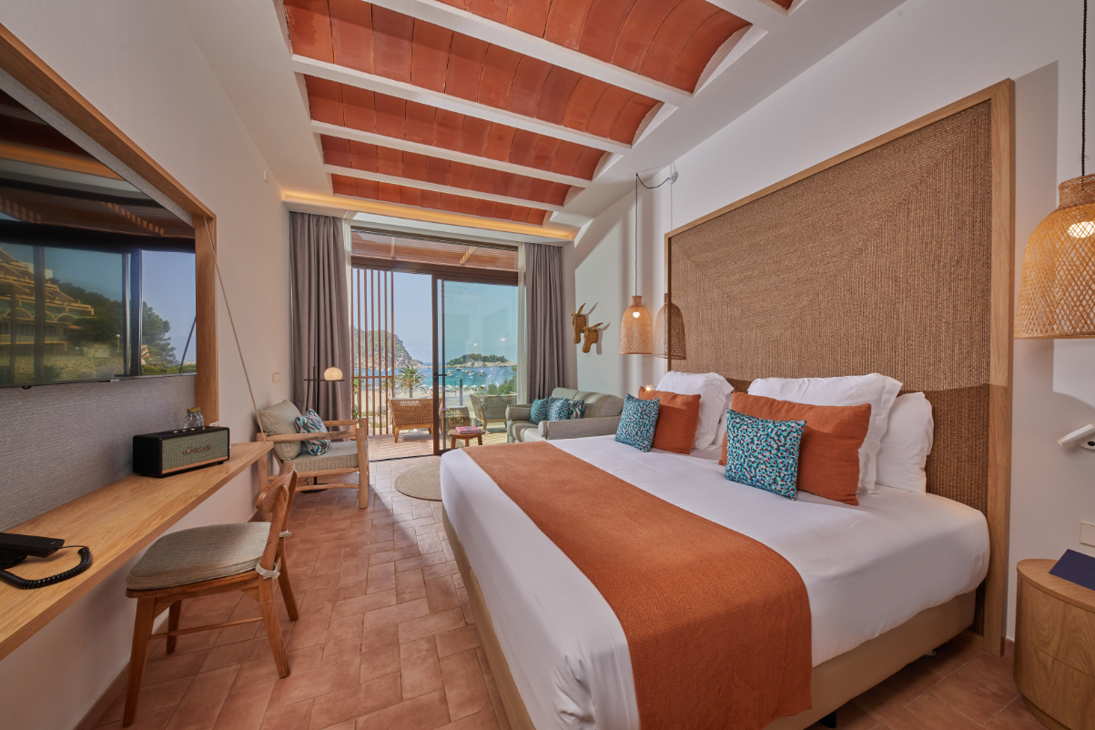 Due to open in time for the 2024 summer season, a rendering of a planned view from a guestroom bedroom at The Club Cala San Miguel Hotel Ibiza, Curio Collection by Hilton. Source: Hilton