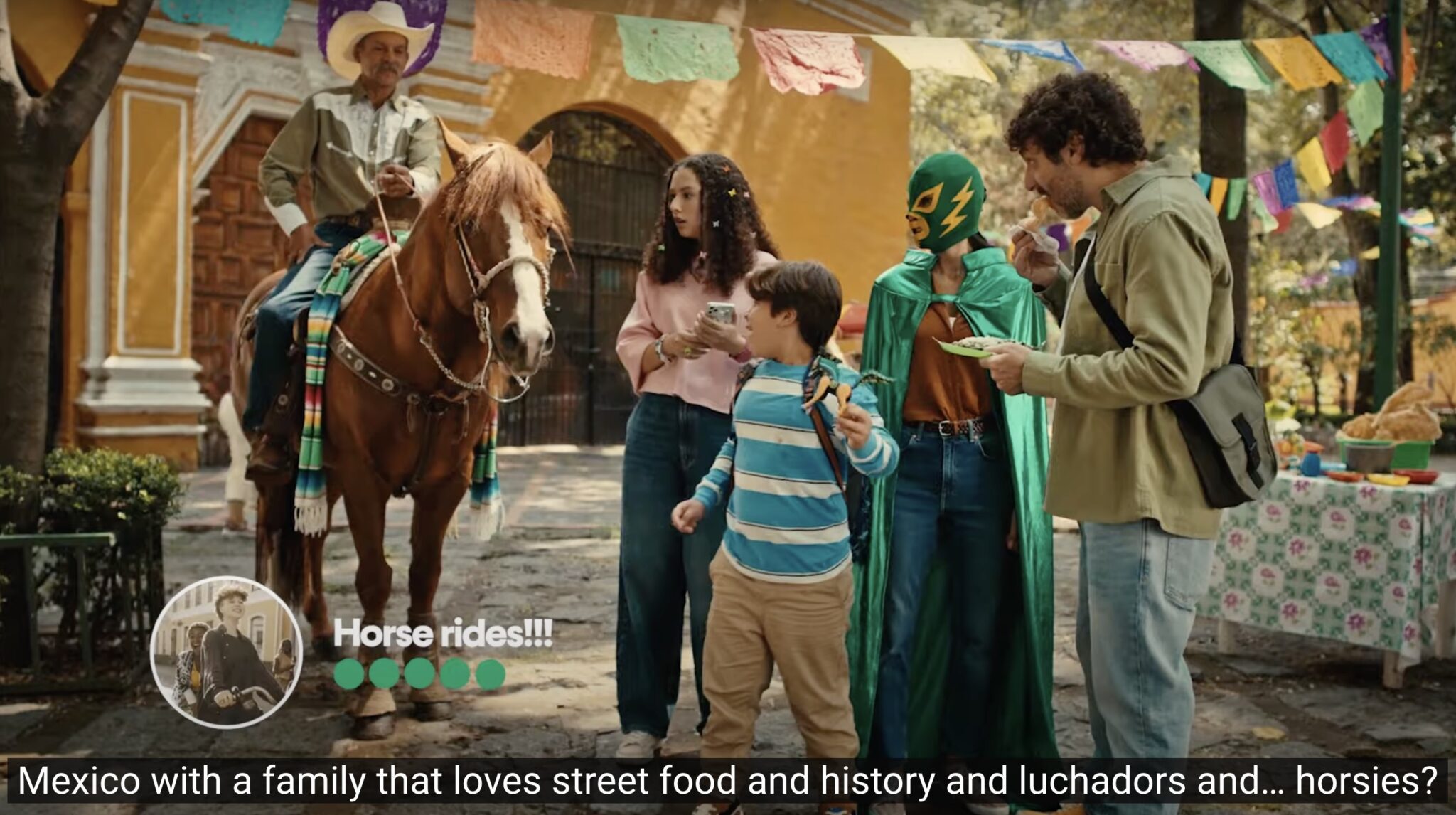 A screenshot of a Tripadvisor video of a family viewing a horse and rider in Mexico City.