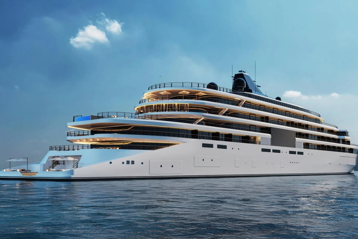 Exterior rendering of a planned yacht-style cruise ship from Aman Group, temporarily named Aman at Sea. The vessel is being built by built by T. Mariotti. Source: Aman.