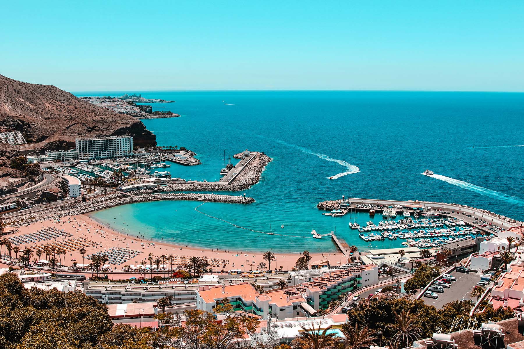 Aerial view of Puerto Rico de Gran Canaria resort area. 