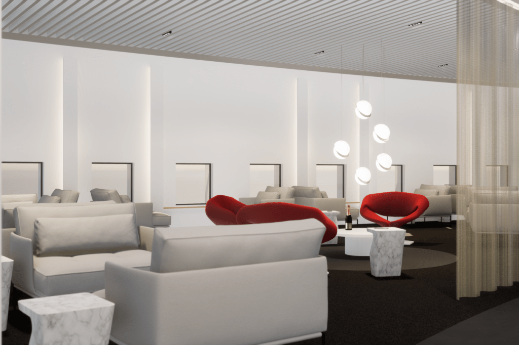 Rendering of an airport lounge filled with mostly white furniture