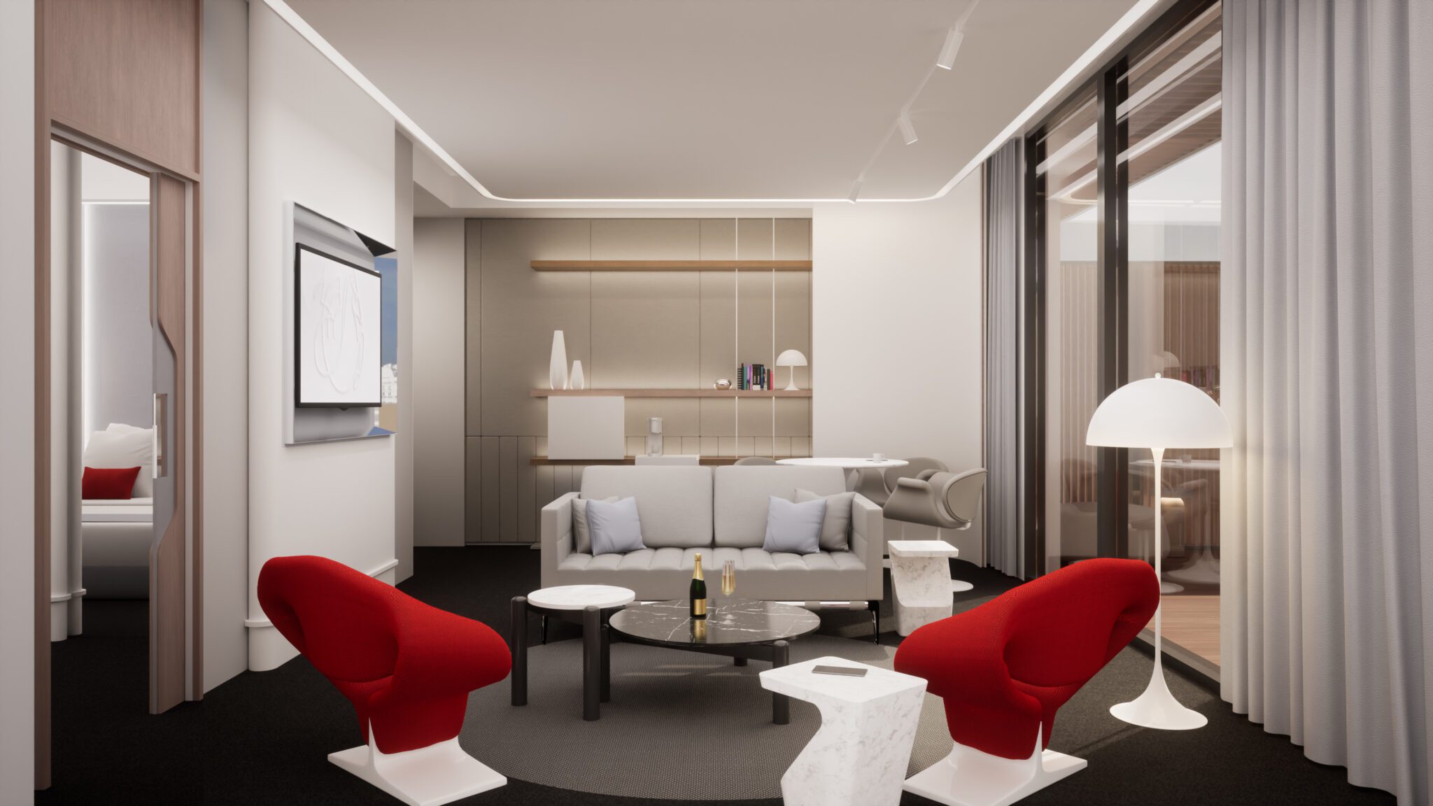 Rendering of an airport lounge filled with mostly white furniture and two red chairs