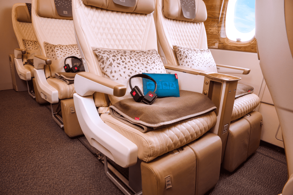 A seat inside Emirates' Premium Economy cabin