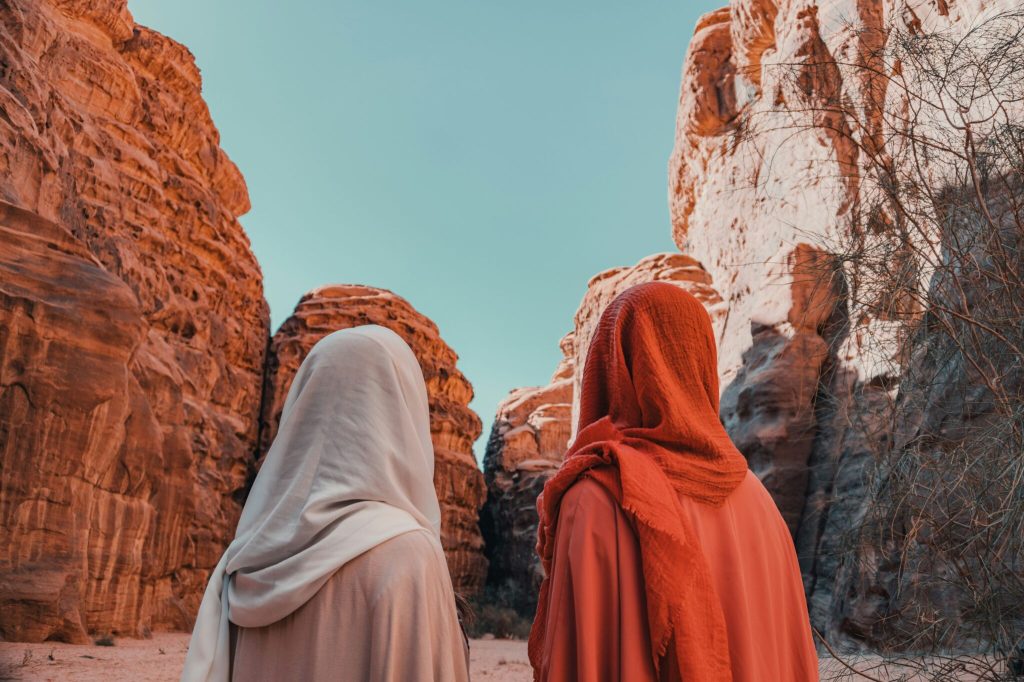 Two women in a desert landscape