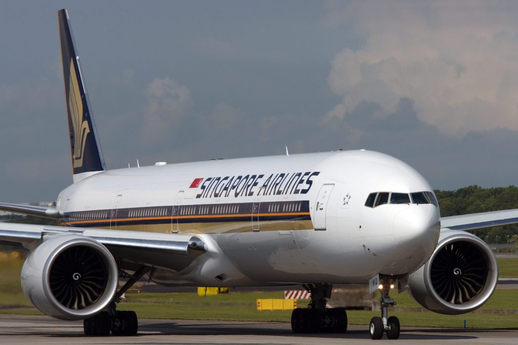 A Singapore Airlines Boeing 777 plane at the airport.