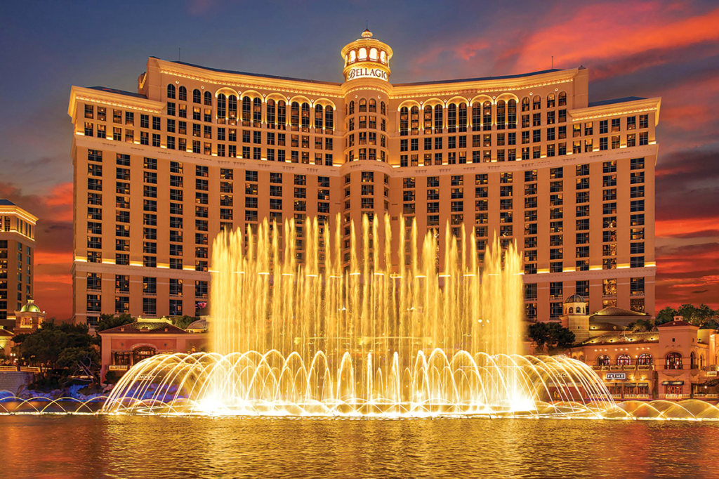 exterior view of the fountain outside the Bellagio hotel in Las vegas mgm resorts