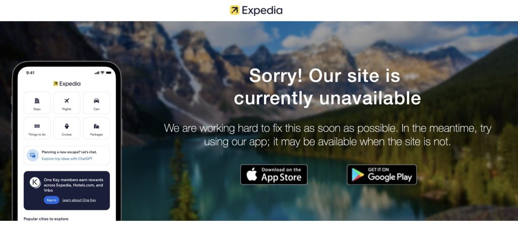 An image of the Expedia homepage over the weekend when it and many of its sister websites were down.