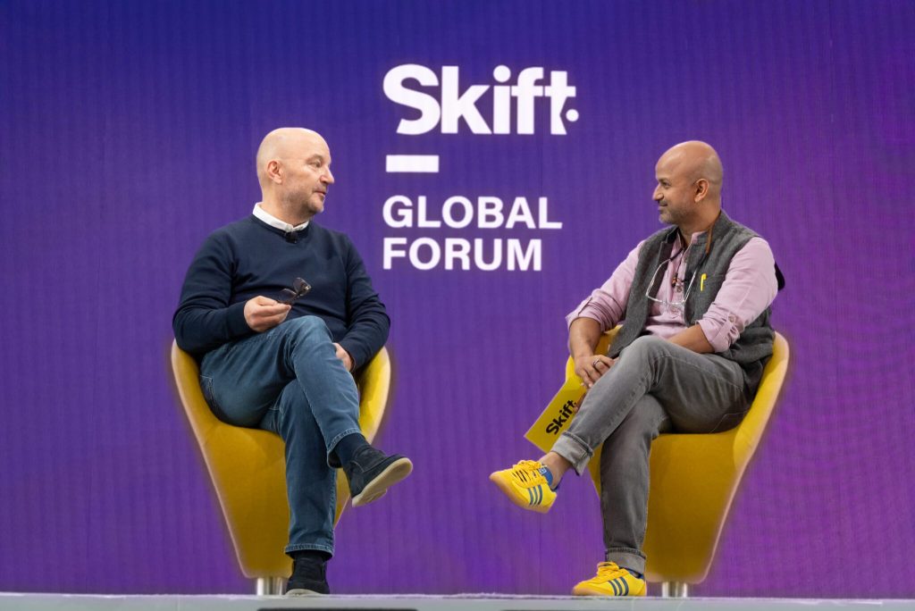 Greg Ohara, Certares CEO and Skift Global Forum Speaker on stage with Rafat Ali, CEO of Skift.