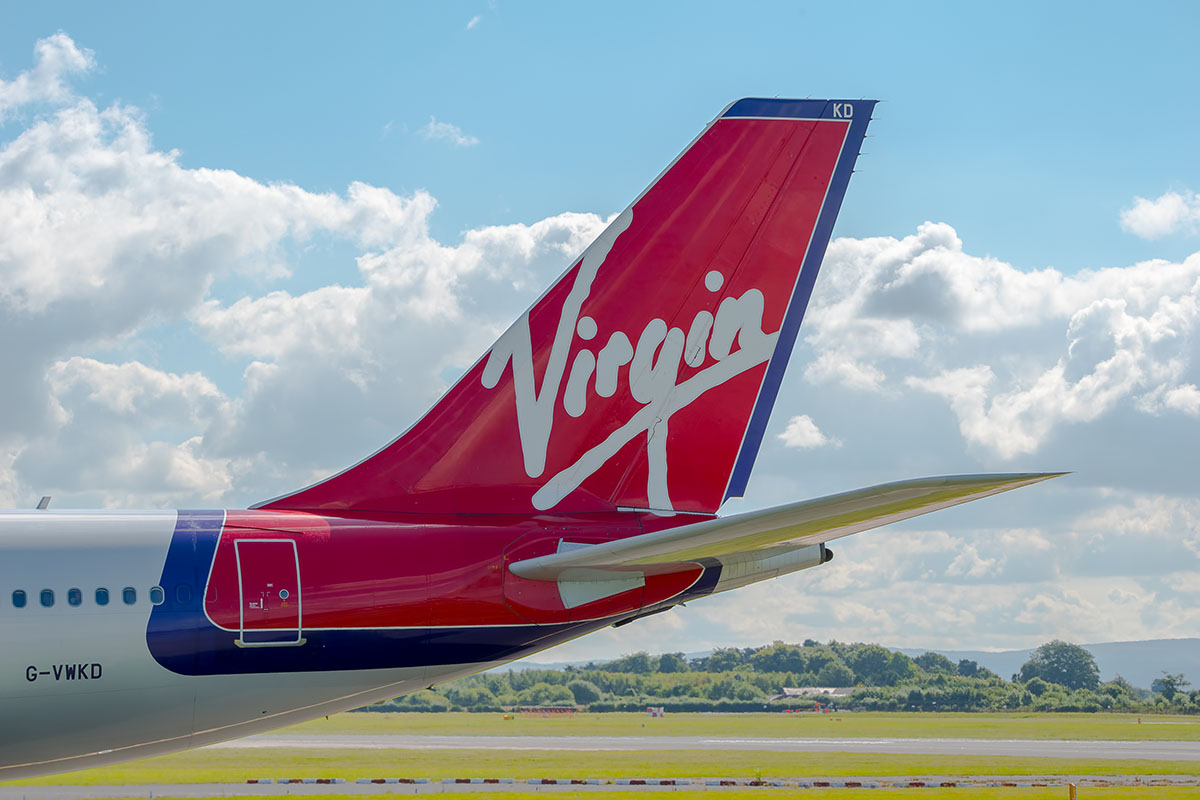 Tail and rear wings of a Virgin Atlantic aircraft. 