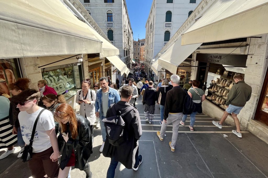 Crowded urban pedestrian street with shops and people