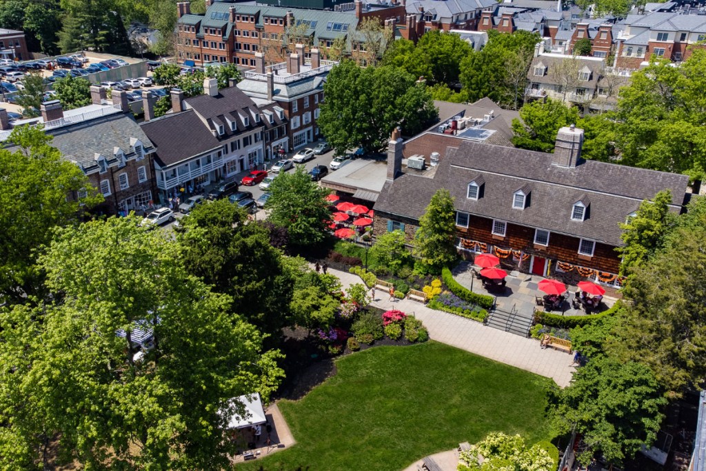 aerial drone view of downtown Princeton NJ a bucolic small university town