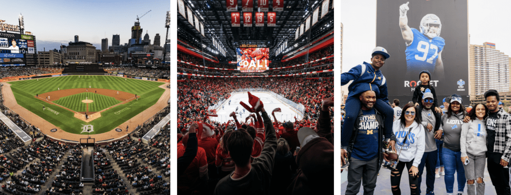 3 x image collage of stadiums in Detroit, Michigan and fans posing outside supporting the professional sports teams the Detroit Lions and Michigan Wolverines. 