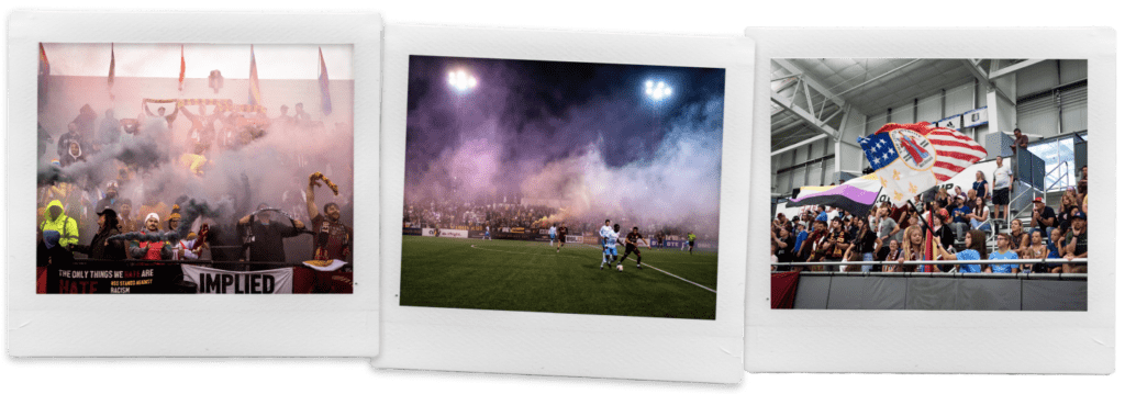 3 x image graphic in polaroid style of fans celebrating at stadiums watching their favourite sports games with smoke and flags. 