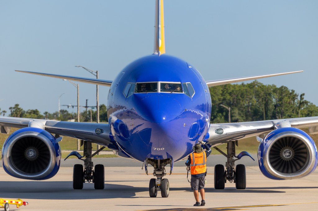 A Southwest Airline on the tarmac at Orlando International Airport (MCO.