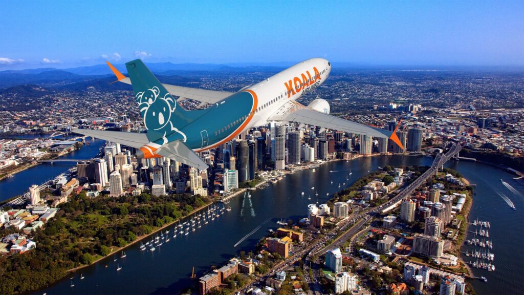 A digital image showing a Koala Airlines plane flying over Brisbane.