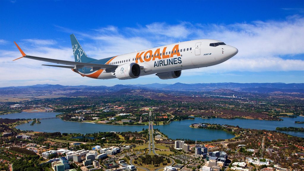 A digital image showing a Koala Airlines plane flying over Canberra.