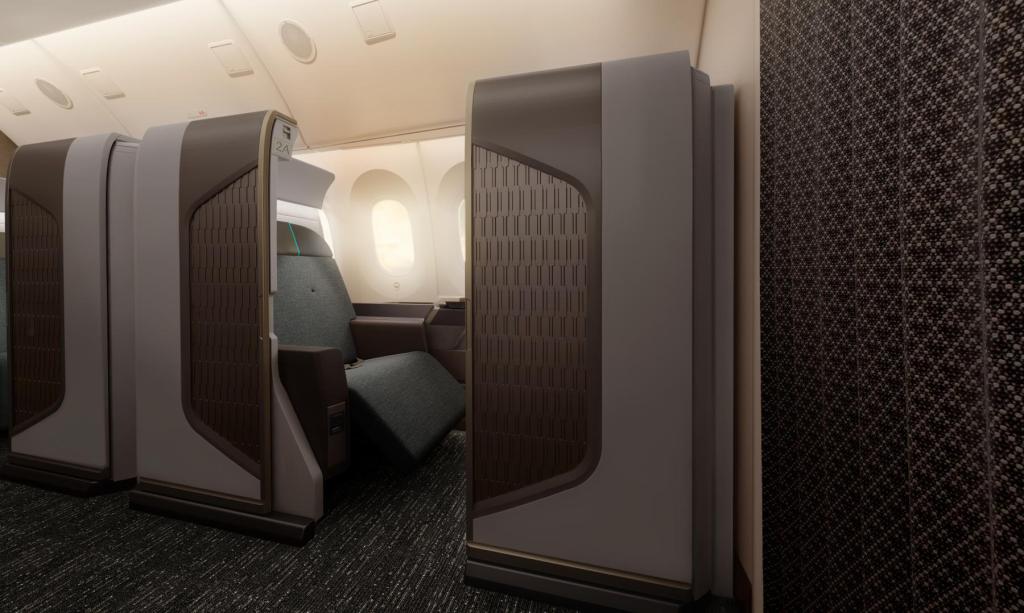 A render of a business class seat on a flight.