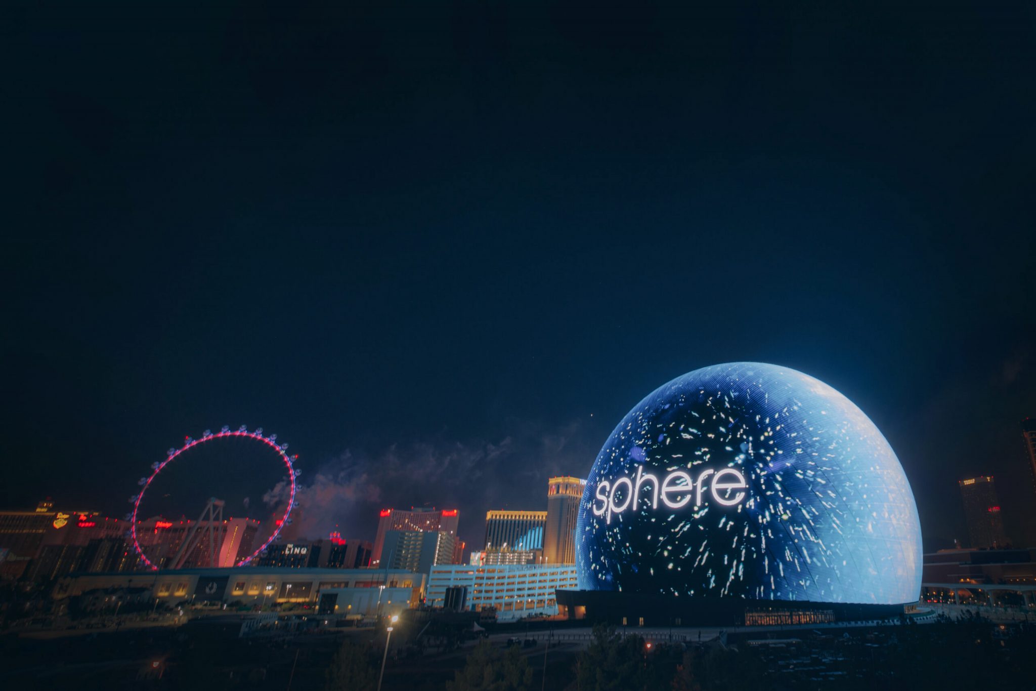 The Sphere venue at night in Las Vegas.